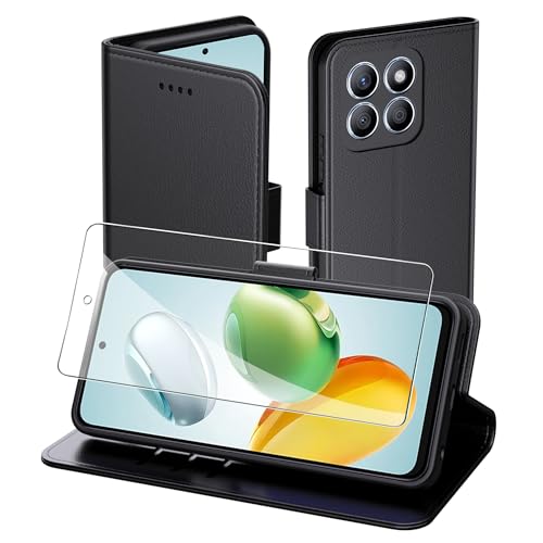 Aiziki Handyhülle für Honor 200 Smart/Honor X7c Tasche+1pc panzerglas, RFID Leder Klappbar Schutzhülle Tasche Wallet Brieftasche Cover Flip Case Kompatibel mit Honor 200 Smart/Honor X7c Hülle -Schwarz von Aiziki