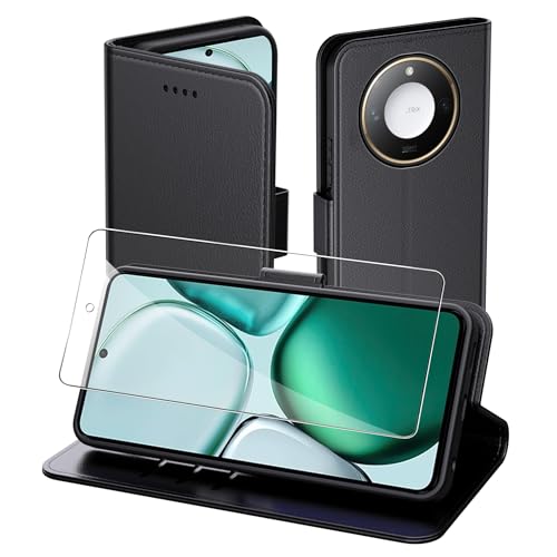 Aiziki Handyhülle für Honor X9c Smart Tasche+1pc panzerglas, RFID Leder Klappbar Schutzhülle Tasche Wallet Brieftasche Cover Flip Case Kompatibel mit Honor X9c Smart Hülle -Schwarz von Aiziki