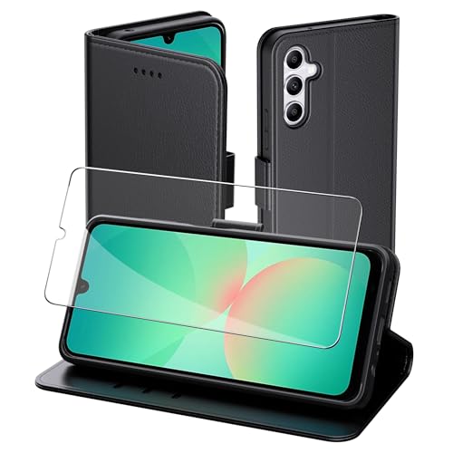 Aiziki Handyhülle für Samsung Galaxy A26 5G Tasche + 1pc panzerglas, RFID Leder Klappbar Schutzhülle Tasche Wallet Brieftasche Cover Flip Case Kompatibel mit Galaxy A26 5G Hülle -Schwarz von Aiziki