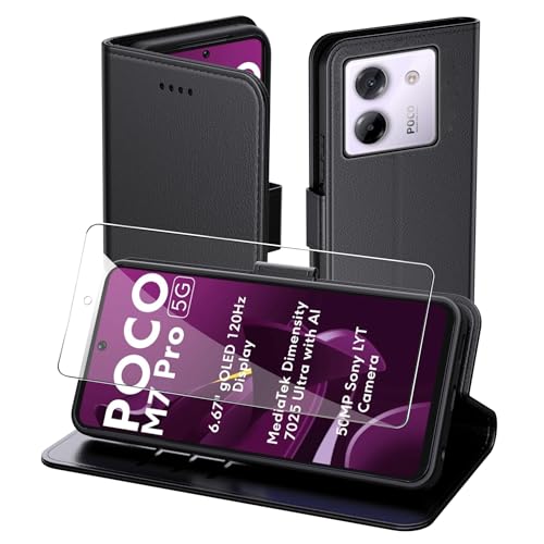 Aiziki Handyhülle für Xiaomi Poco M7 Pro 4G Tasche+1pc panzerglas, RFID Leder Klappbar Schutzhülle Tasche Wallet Brieftasche Cover Flip Case Kompatibel mit Xiaomi Poco M7 Pro 4G Hülle -Schwarz von Aiziki