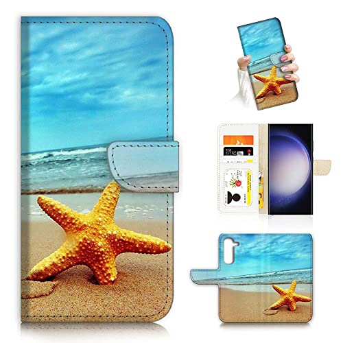 Für Samsung A14, für Samsung Galaxy A14 5G, entworfen Flip Wallet Handyhülle, A0021 Strand Seestern Blau Himmel 0021 von Ajourtek