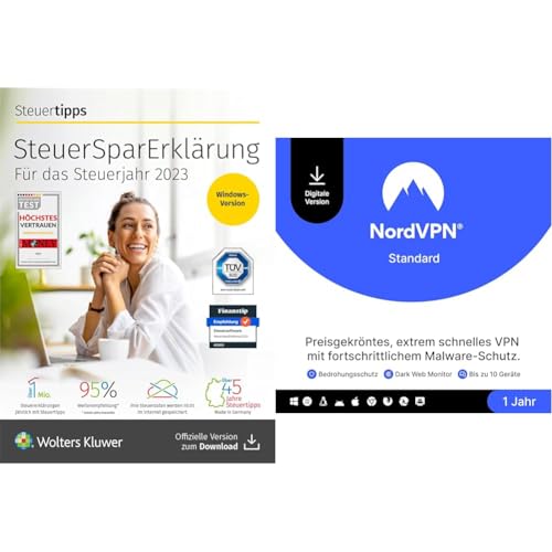 STEUERTIPPS SteuerSparErklärung Standard 2024 (für Steuerjahr 2023) │ Windows-Version + NordVPN Standard – 1 Jahr – VPN & Cybersicherheits-Software für 10 Geräte von Akademische Arbeitsgemeinschaft