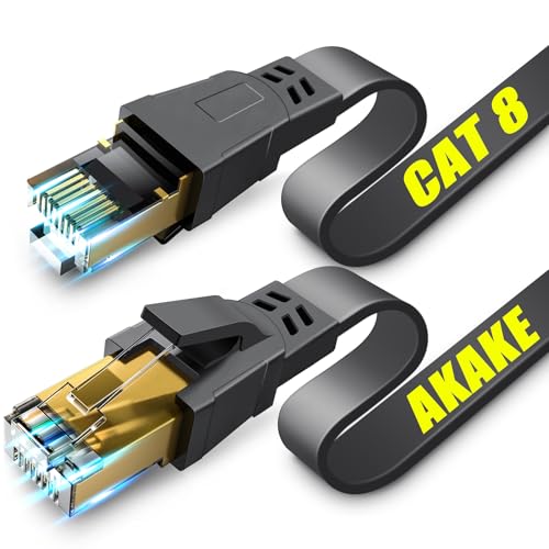 Akake Cat 8 Ethernet-Kabel, 12M Hochleistungs-Hochgeschwindigkeits-Flach-Internet-Netzwerkkabel, Professionelles LAN-Kabel, Abgeschirmt in der Wand, Indoor & Outdoor von Akake