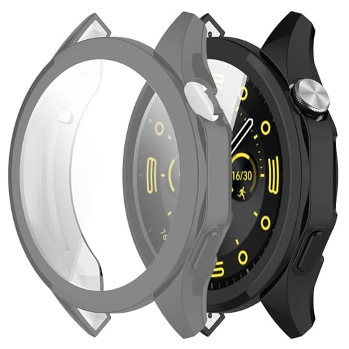 【2 Stücke】 Akancy Hülle Kompatibel mit Huawei Watch GT4 46mm, Schutzhülle Schutzfolie Kratzfest Displayschutz Silikon Fullbody Cover Hülle TPU Vollschutz (Black Grey) von Akancy