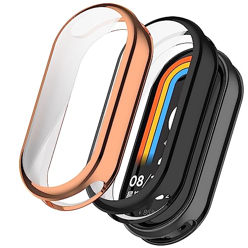 【2 Stücke】 Akancy Hülle Kompatibel mit mi Band 8, Schutzhülle Schutzfolie Kratzfest Displayschutz Silikon Fullbody Cover Hülle TPU Vollschutz (Black Rosegold) von Akancy