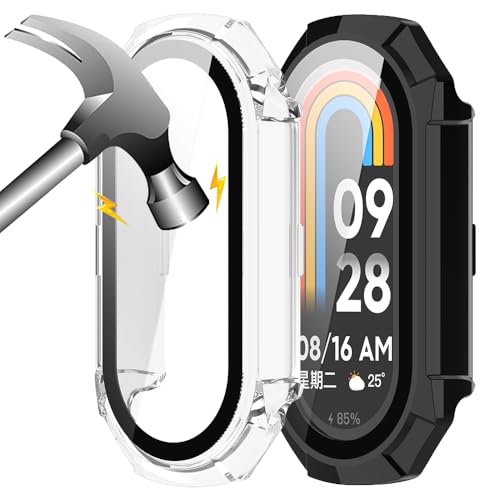 Akancy [2 Stücke] Hardcase kompatibel mit mi Band 9 mit Schutzfolie, 9H Härte Hart PC gehärtetes Glas dünnes Case, Schwarz Transparent von Akancy