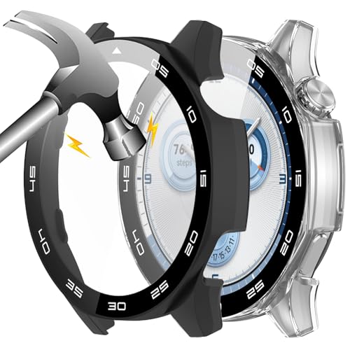 Akanry [2 Stücke] Hardcase kompatibel mit Huawei Watch GT 5 46mm mit Schutzfolie, 9H Härte Hart PC gehärtetes Glas dünnes Case, Schwarz Transparent von Akanry