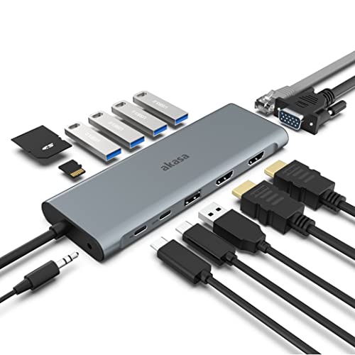 Akasa USB Type-C 14-in-1 Dock | Dual 4K HDMI, 1080P VGA, 2 Type-C Ports, 3 USB 3.2, 2 USB 2.0, Ethernet, SD/Micro Kartenleser, Audio-Buchse | 60W PD | Space Grey | AK-CBCA28-18BK von Akasa