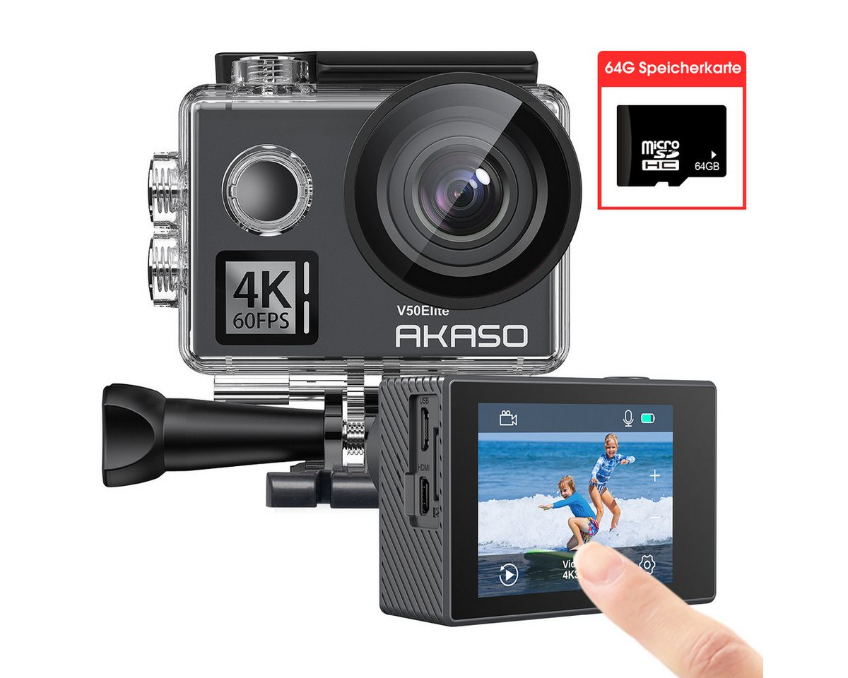 Akaso V50 Elite Action Kamera - 4K/60fps, Bildstabilisierung, Action Cam (IEEE 802, Wasserdichte Tasche, umfangreiches Zubehör und 64G Speicherkarte) von Akaso