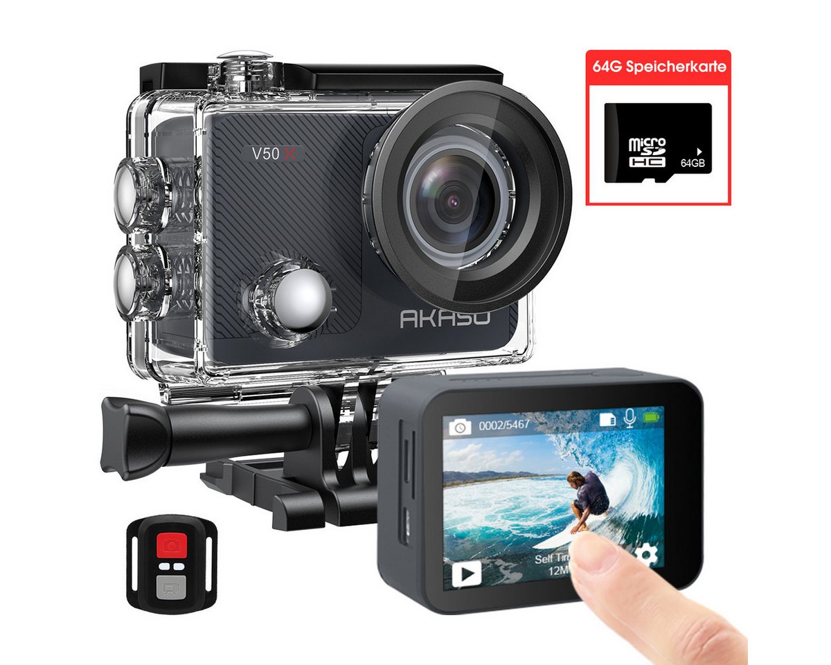 Akaso V50X Sportkamera, 4K30FPS 20 Megapixel, WiFi Unterwasser 40M, Action Cam (IEEE 802, El5 Anti-Shake mit wasserdichtem Gehäuse und 64G Speicherkarte, V50X) von Akaso