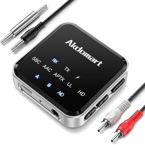 Bluetooth Audio Adapter, 2 in 1 Bluetooth Transmitter Empfänger für TV zu Kopfhörer, Doppelte Kopplung Bluetooth Splitter, Low Latency AUX Bluetooth Adapter Stereoanlage mit RCA/AUX Kabel von Akdomart