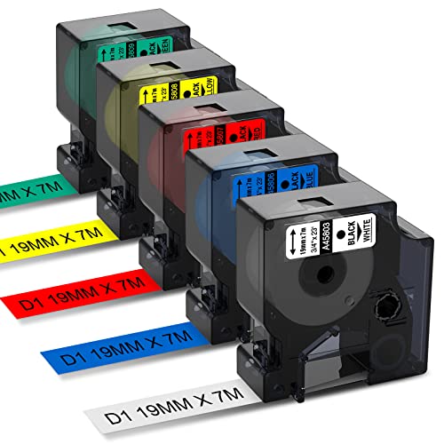 5X Kompatible für Dymo D1 Etikettenband 19mm x 7m, Ersatz für Dymo D1 Schriftband 19MM Weiß/Gelb/Rot/Grün/Blau 45803 45806 45807 45808 45809,für Dymo LabelPOINT/LabelManager LM 360D 420P 450D 500TS von Aken