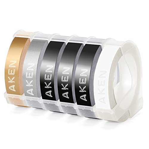 Aken Kompatibel für Dymo 3D Prägeband 9mm Vinyl-Prägeetiketten Selbstklebend für Dymo Omega Etikettenprägegerät Junior Prägegerät Motex E-303 E-101, Schwarz/Gold/Silber/Transparent, 6 Rollen von Aken