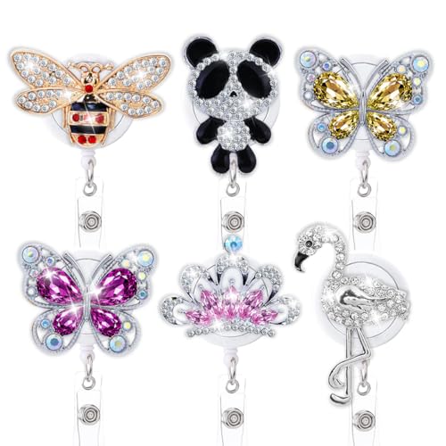 Bling Crystal Krankenschwester-Abzeichen-Halter, einziehbar, niedlich, 6 Stück, Glitzer-Strass-Abzeichen-Clip-Packung, lustiger Still-Bär, Biene, Flamingo, Schmetterling, Blume, RN CNA, medizinisches von AkiliBIELY