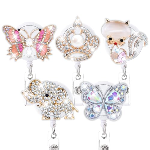 Glitzernde Strass-Krankenschwester-Abzeichen-Spule, 5 Stück, niedlich, für Krankenpfleger, Studenten, Kristall, einziehbar, Ausweishalter, Packung mit lustigem Acryl, Fuchs, Elefant, Schmetterling von AkiliBIELY