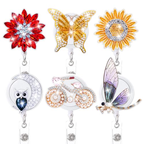 Süßer glitzernder Kristall-Krankenschwester-Ausweishalter, einziehbar, 6 Stück, lustig, glitzernd, Strass, Krankenschwestern, Studenten, Abzeichen, Clip, Packung, Sonnenblume, Eule, Frosch, Libelle Süßer glitzernder Kristall-Krankenschwester-Ausweishalter, einziehbar, 6 Stück, lustig, glitzernd, Strass, Krankenschwestern, Studenten, Abzeichen, Clip, Packung, Sonnenblume, Eule, Frosch, Libelle von AkiliBIELY