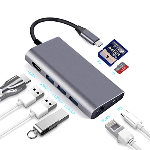 Akk USB C Hub HDMI Ethernet RJ45 Adapter mit 4K, PD, 3 USB 3.0, Micro SD/TF zum MacBook Pro, Huawei MateBook und andere Geräte des Typs C, Grau von Akk
