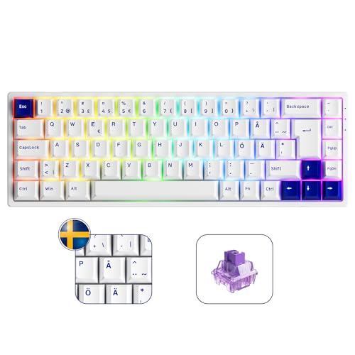 Akko 3068B Plus RGB Mechanical Gaming Keyboard, ISO DE/Nordic Layout, 3 Modes (BT5.0/2.4Ghz/Type C) Compact Mini Keyboard with Hotswap, Cherry PBT Keys (Blue White, Jelly Purple) von Akko