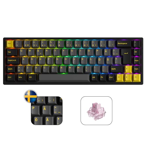 Akko 3068B Plus RGB Mechanische Gaming Tastatur, ISO DE/Nordic Layout, 3 Modes (BT5.0/2.4Ghz/Typ C) Kompakte Mini Tastatur mit Hotswap, Cherry PBT Tasten (Schwarz Gold, Jelly Rosa) von Akko