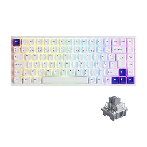 Akko Blau Weiß 3084B Plus RGB Mechanische Gaming Tastatur, ISO DE/Nordic Layout, 3 Modes Tragbare Kabellos Tastatur mit Lineare Switch, 5 Pin Hot Swap, Cherry PBT Keycap, 100% Anti-Ghosting von Akko