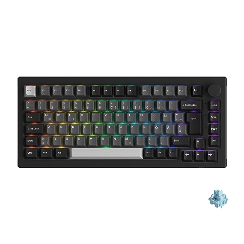 Akko Gasket Mechanische Tastatur 3-Modus, ISO-DE/UK/Nordic Layout, 75% RGB Gaming Keyboard mit Hot-Swap Taktile Switch, Cherry PBT Keycap, Programmierbare mit Drehknopf (5075B Plus, Schwarz Silber) von Akko