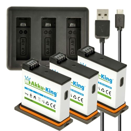 3-Fach Ladestation + Akku Li-Ion 1300mAh kompatibel mit DJI AB1 P01 für DJI Osmo Action Cam (Nicht kompatibel mit Osmo Action 3/4), Set:Ladestation mit 3 Akku von Akku-King