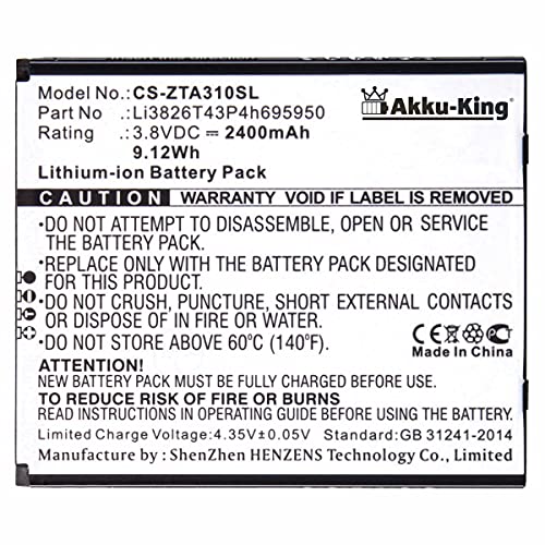 Akku kompatibel mit ZTE Li3826T43P4h695950 - Li-Ion 2400mAh - für Blade A3 2020, A3 2020T, A3Y, A5 2019, Optus X Power 2, P545 von Akku-King