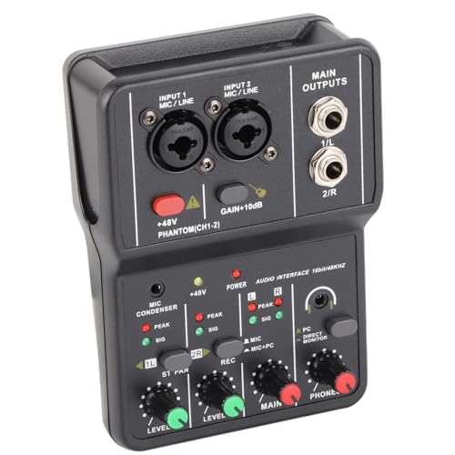 Akozon Audio Mixer Soundboard 2 Kanäle Audio Mixer USB 48V Phantomspeisung Kompaktes Sound Mischpult für Musikaufnahme Home Karaoke Internet Karaoke von Akozon