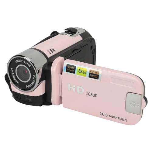Akozon Digitale Videokamera, 1080P 16MP Digitalkamera 2,4 Zoll Drehbarer Bildschirm Camcorder 16X Zoom HD Videorecorder mit Fülllicht (PINK) von Akozon