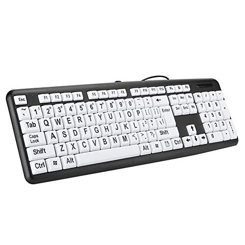 Akozon Tastatur für ältere Menschen, Schwarze Tastatur für Sehbehinderte, USB-Kabel, Tastatur für ältere Menschen mit Weißen Tasten mit Großem Druck (Schwarz) von Akozon