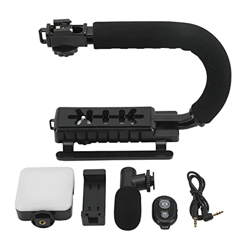 Akozon Video-Action-Stabilisierungsgriff Kamera-Stabilisator-Halterung U-Form-Telefon-Kamera-Stabilisator mit LED-Fülllicht Blitzschuh-Adapter-Mikrofon für Kamera-Telefon von Akozon