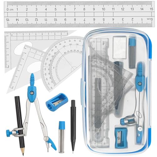Akuoly Zeichenkompass-Set, Anfänger-Set mit Geometrie-Kompass, Winkelmesser, Lineal, für Jungen und Mädchen, Mathematikstudium, Blau Akuoly Zeichenkompass-Set, Anfänger-Set mit Geometrie-Kompass, Winkelmesser, Lineal, für Jungen und Mädchen, Mathematikstudium, Blau von Akuoly
