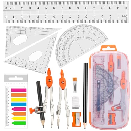 Geometrie Zirkel Set Akuoly Schulzirkel Geometriezirkel Mathematik mit 2pcs Zirkel, 2pcs Geodreieck, 15cm Lineal und Winkelmesser, Mathe-Geometrie-Set School Compass von Akuoly