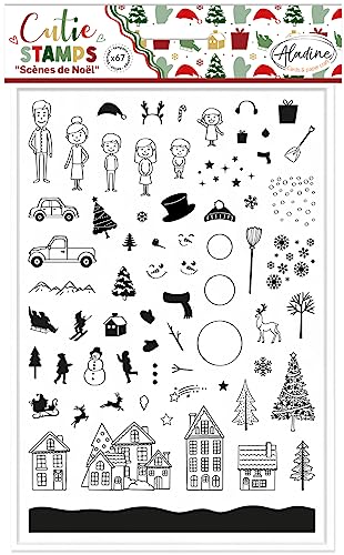 Aladine - 67 Stempel für Weihnachtsszenen – Stempel aus Schaumstoff & Gummi – für kreative Hobbys, Scrapbooking, Bullet Journal, Kreativkarten, Dekoration – Tanne, Schnee – Cuties Stamp – 03973 von Aladine