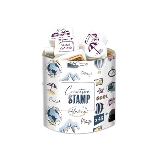 Aladine – Stampo Scrapbooking-Set mit Reisemotiv – Stempelset für kreative Postkarten – DIY Basteln – Stempelset zum überall Mitnehmen + Stempelkissen schwarz inklusive von Aladine