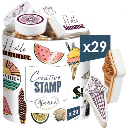 Aladine - Stempel Summer mit Stempelkissen – aus Schaumstoff & Gummi – für Karten, Bullet Journal, Scrapbooking, kreative Hobbys, Zeichnen – Creative Stamp – Geschenkidee für Kinder und Erwachsene – von Aladine