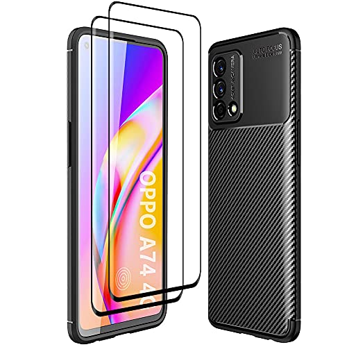 Alamo Ultra Silicone Hülle für Oppo A74 (4G Version), Kohle Faser StoßFest Bumper Handyhülle [mit 2 Stück Panzerglas Displayschutzfolie ] - Schwarz von Alamo