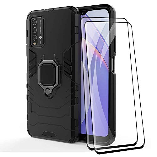Alamo Ultra Panzerhülle für Xiaomi Redmi 9T 4G, TPU+PC StoßFest Hülle mit Ring Ständer [mit 2 Stück Panzerglas Displayschutzfolie ] - Schwarz von Alamo