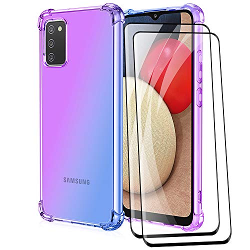 DOINK Bunt Farbverlauf Hülle für Samsung Galaxy A02s, Durchscheinend TPU Silikon Handyhülle mit StoßFest Bumper [ mit 2 Stück Anlassen Glas Schutzfolie ] - Lila-Blau von Alamo