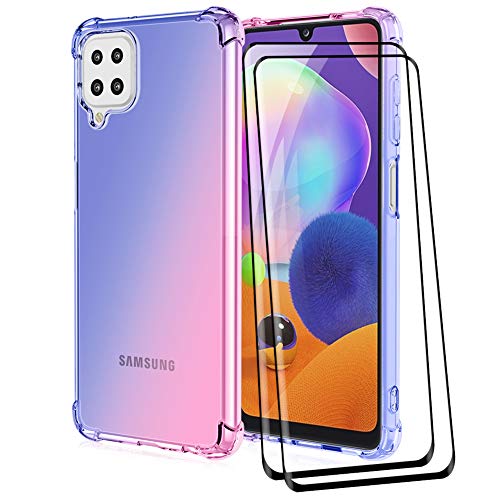 DOINK Bunt Farbverlauf Hülle für Samsung Galaxy A12 | M12, Durchscheinend TPU Silikon Handyhülle mit StoßFest Bumper [ mit 2 Stück Anlassen Glas Schutzfolie ] - Pink-Blau von Alamo