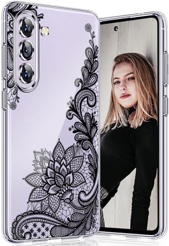Galaxy S24 Handyhülle für Samsung S24 5G, transparent, niedlich, schlank, dünn, für Damen, weich, flexibel, Silikon, TPU, stoßfest, mit Spitze, Mandala-Blumenmuster (schwarz) von Albaityee