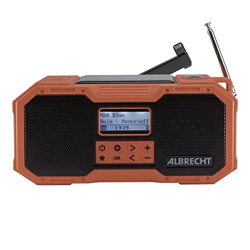 Albrecht DR 112, tragbares DAB+/UKW Outdoor Kurbelradio, 27911, SOS-Notruf, Taschenlampe, Solarmodul, PowerBank, IPX5 Wasserschutz Schwarz,rot von Albrecht