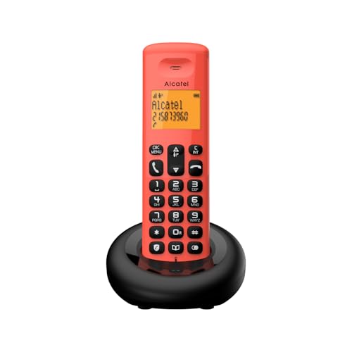 Alcatel E160 Rot Schnurloses DECT-Telefon mit Blockierung unerwünschter Anrufe, großes orangefarbenes hintergrundbeleuchtetes Display, leicht zu lesen, Klassische und polyphonische Klingeltöne von Alcatel