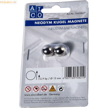 Alco Kugelmagnet Neodoym Neodym (Nd) 13mm TG 2900 g silber VE=2 Stück von Alco