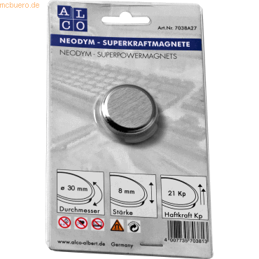 Alco Superkraftmagnet Neodym Neodym (Nd) 30mm TG 21000 g silber gebürs von Alco