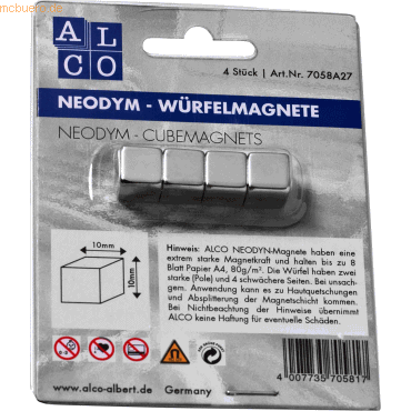 Alco Würfelmagnet Neodym aus Neodym (Nd) 10x10x10mm silber VE=4 Stück von Alco