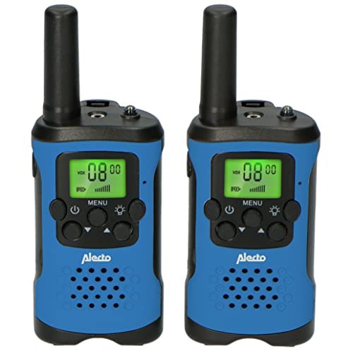 Alecto FR-115 Set von Zwei Walkie Talkies für Kinder - Walki Talki mit Reichweite bis zu 7 Kilometer - 8 Kanäle - Integrierte Taschenlampe - Beleuchtetes Display - Blau/Schwarz von Alecto