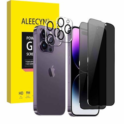[2+2 Stück] 2 Stück Sichtschutz Schutzfolie Für iPhone 14 Pro mit 2 Stück Kamera Panzerfolie, 9H Härte Panzerglas, Anti-Spy Schutzglas, Anti-Spion, Anti-Kratzen Displayschutzfolie von ALEECYN