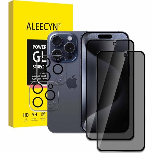 Aleecyn [2+2 Stück] 2 Stück Sichtschutz Schutzfolie Für iPhone 15 Pro Max mit 2 Stück Kamera, 9H Härte, Anti-Spy Schutzglas, Anti-Spion, Anti-Kratzen Displayschutzfolie von ALEECYN