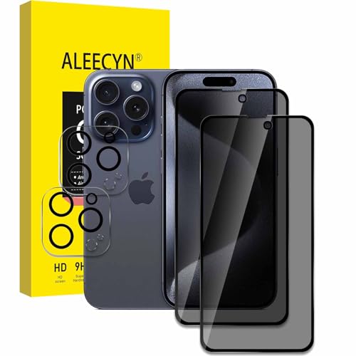 Aleecyn [2+2 Stück] 2 Stück Sichtschutz Schutzfolie Für iPhone 15 Pro mit 2 Stück Kamera, 9H Härte, Anti-Spy Schutzglas, Anti-Spion, Anti-Kratzen Displayschutzfolie von Aleecyn